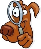 Icon of dog's head looking through a magnifying glass.